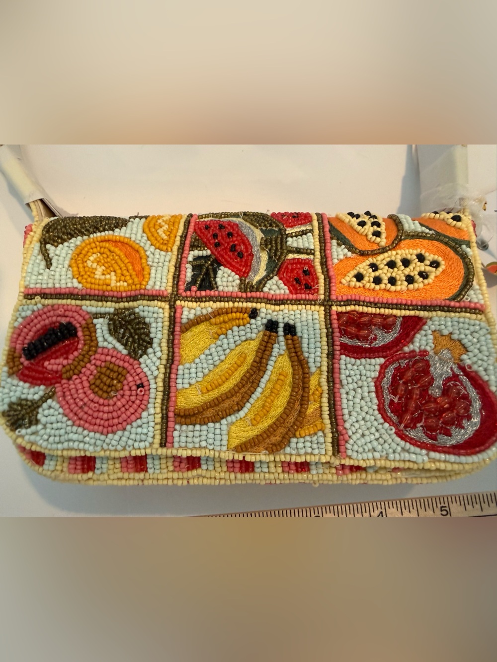 * Beaded Fruit Mosaic Mini Shoulder Bag - Yellow Accents on a Striped Background - Picture 3 of 5